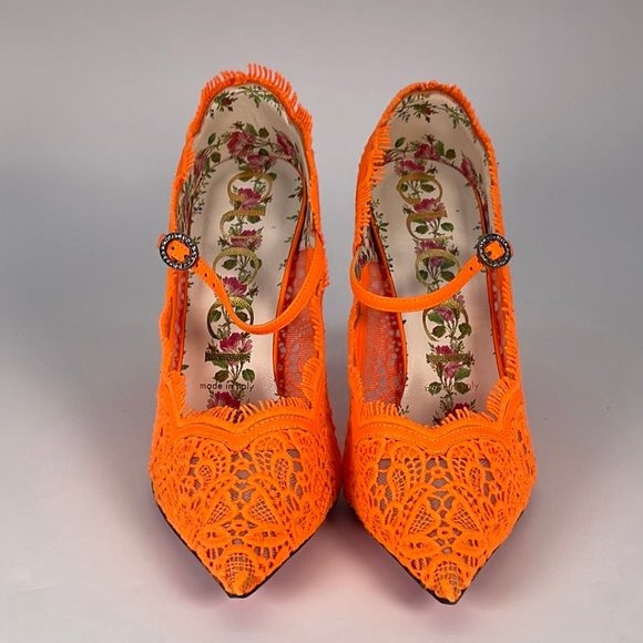 Authentic Gucci Women's Virginia 95 Orange Cotton & Leather Lace Heels Size 37