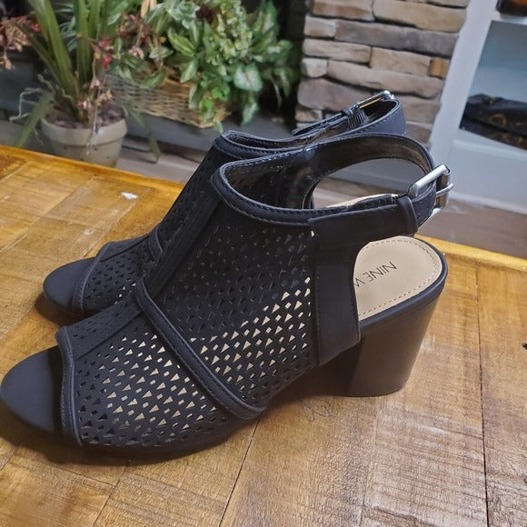 Nine West Women's Black Nylah Open Toe Stacked Heel Sandal Sz9