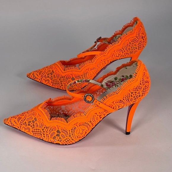 Authentic Gucci Women's Virginia 95 Orange Cotton & Leather Lace Heels Size 37