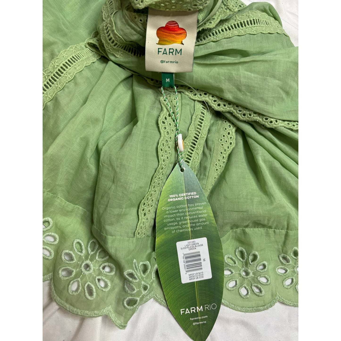 Farm Rio Green Eyelet Embroidered Sleeveless High-Low Blouse SZ Med