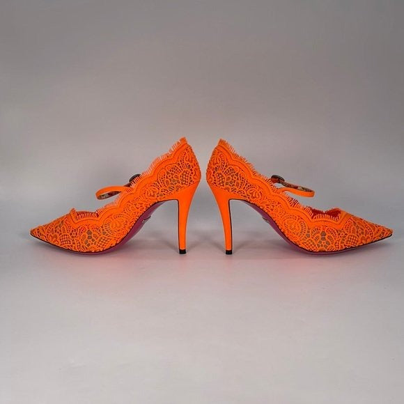 Authentic Gucci Women's Virginia 95 Orange Cotton & Leather Lace Heels Size 37