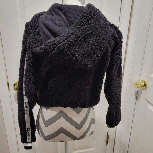 DICKIES Fleece Faux Shearling Cropped Drawstring Hoodie Sweatshirt XS