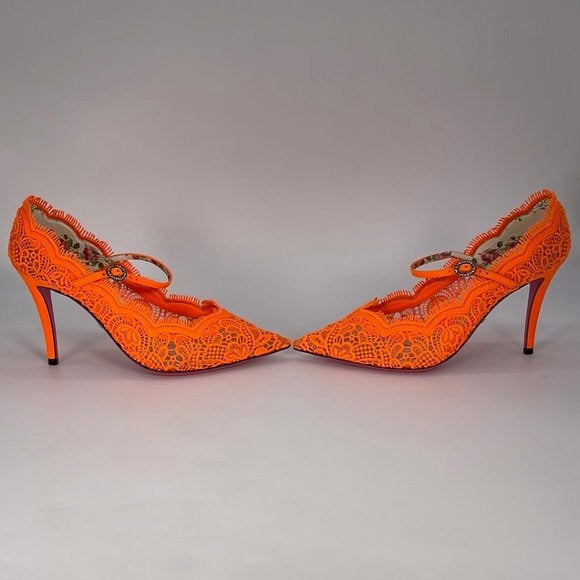 Authentic Gucci Women's Virginia 95 Orange Cotton & Leather Lace Heels Size 37