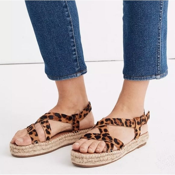 Madewell The Malia Espadrille Sandal in Leopard Calf Hair SZ 9