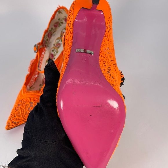 Authentic Gucci Women's Virginia 95 Orange Cotton & Leather Lace Heels Size 37