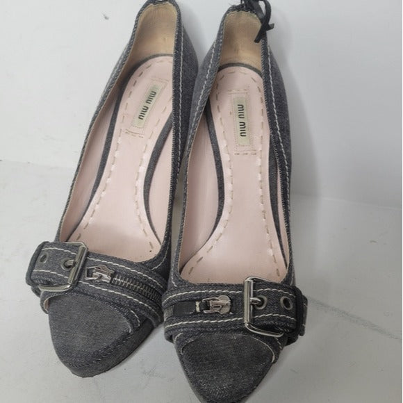 Miu Miu Denim Peep Toe Denim Platform Pumps SZ 40.5