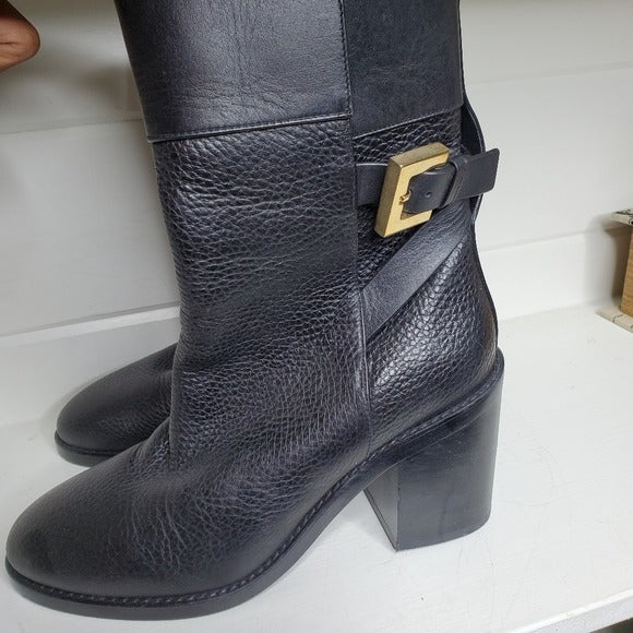 Stuart Weitzman Joplin Buckled Black Pebble Leather Boot Women's SZ 8.5