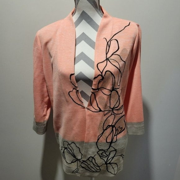 Misook Space Dye Orange & Gray Colorblock w/Floral Embroidery Cardigan SZ Large
