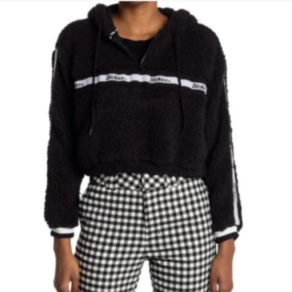 DICKIES Fleece Faux Shearling Cropped Drawstring Hoodie Sweatshirt XS