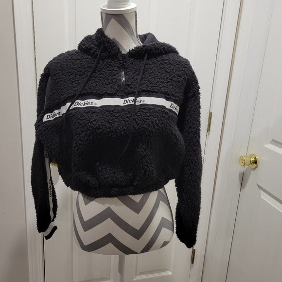 DICKIES Fleece Faux Shearling Cropped Drawstring Hoodie Sweatshirt XS