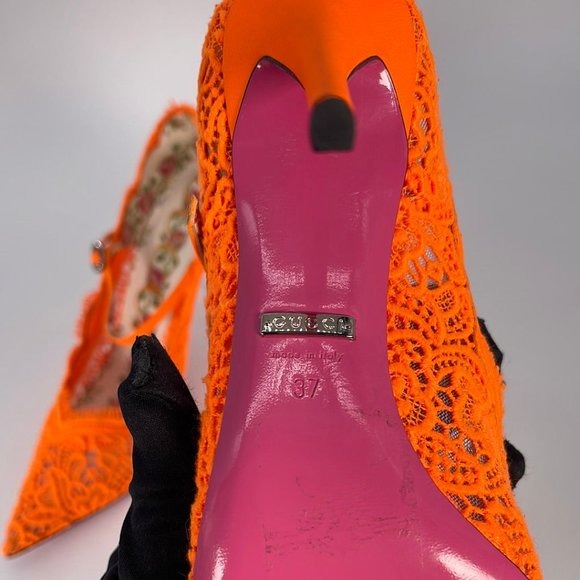 Authentic Gucci Women's Virginia 95 Orange Cotton & Leather Lace Heels Size 37
