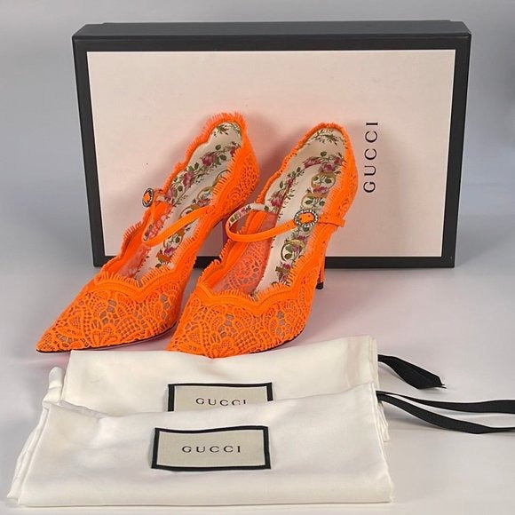 Authentic Gucci Women's Virginia 95 Orange Cotton & Leather Lace Heels Size 37