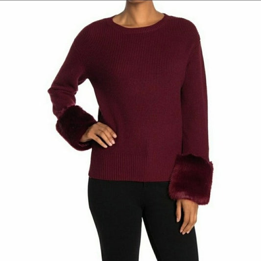 Love Token Women's Faux Fur Cuff Knit Sweater in Wine SZ Small