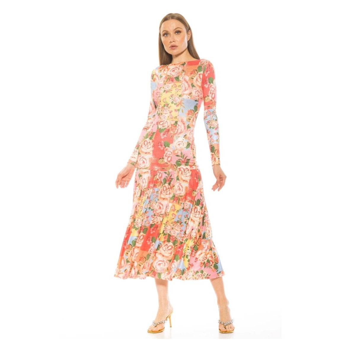 Alexia Admor Khaite Floral Multi Long Sleeve Shirred Maxi Dress SZ 14