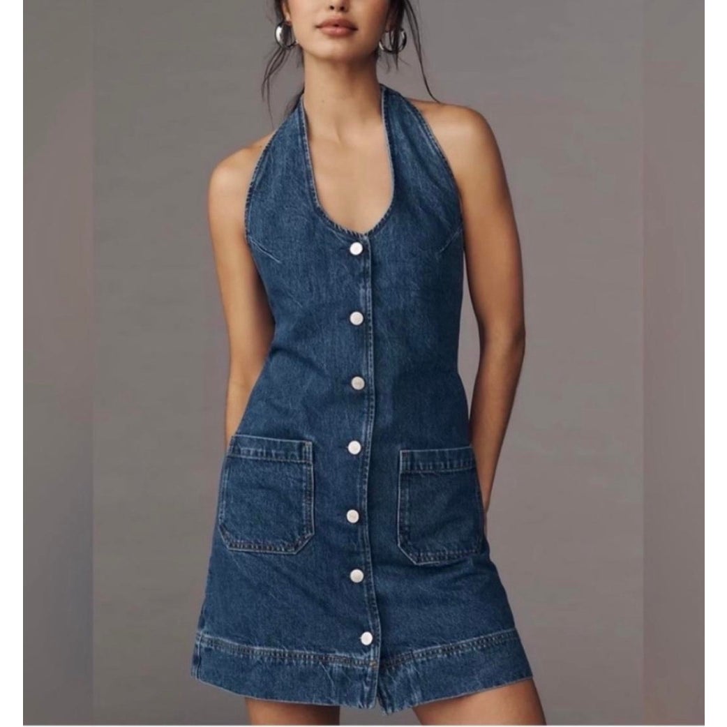 Reformation Brittany Denim Halter Mini Dress SZ SM