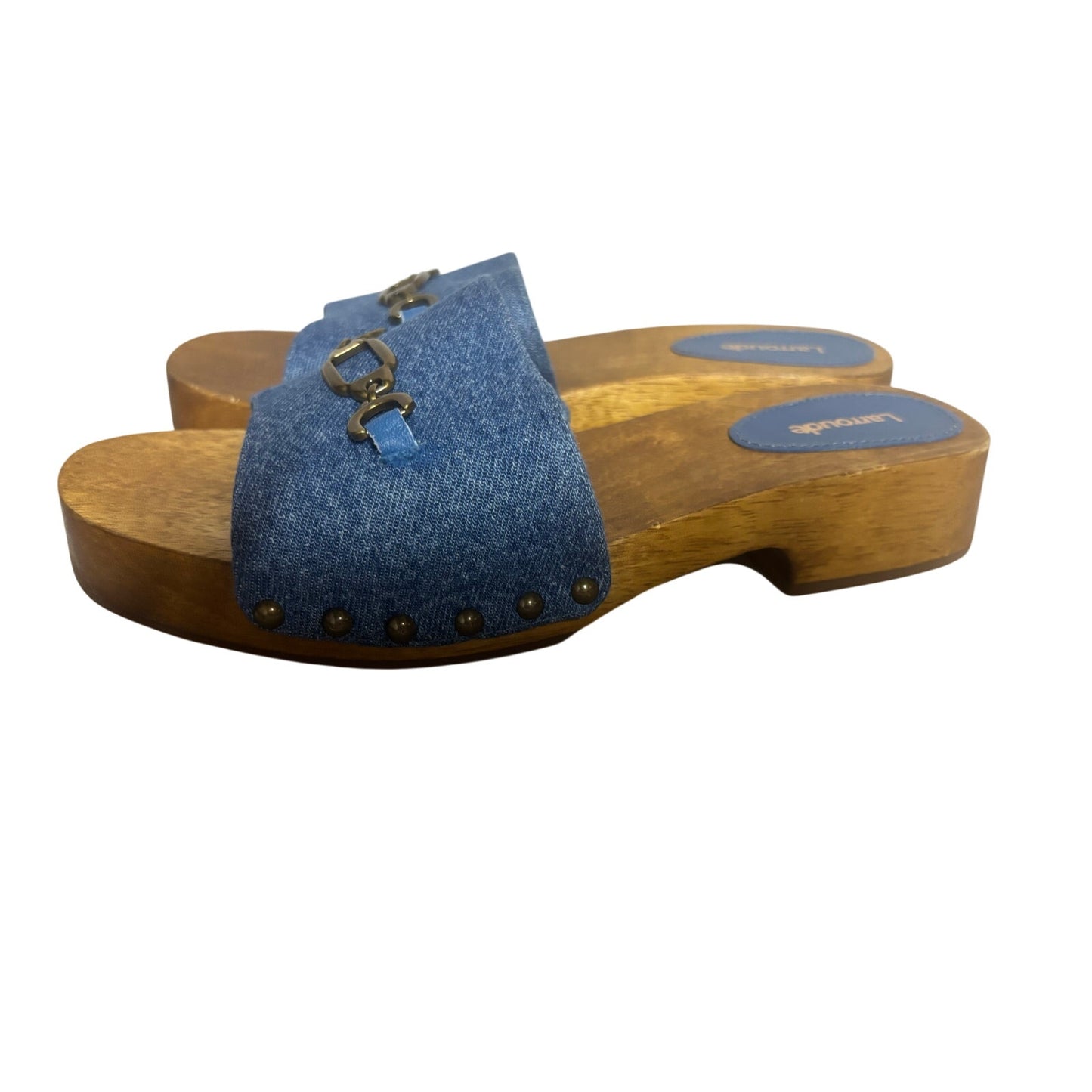 Larroudé Zuzi Slip-On Studded Denim Wooden Platform Mules Size 8