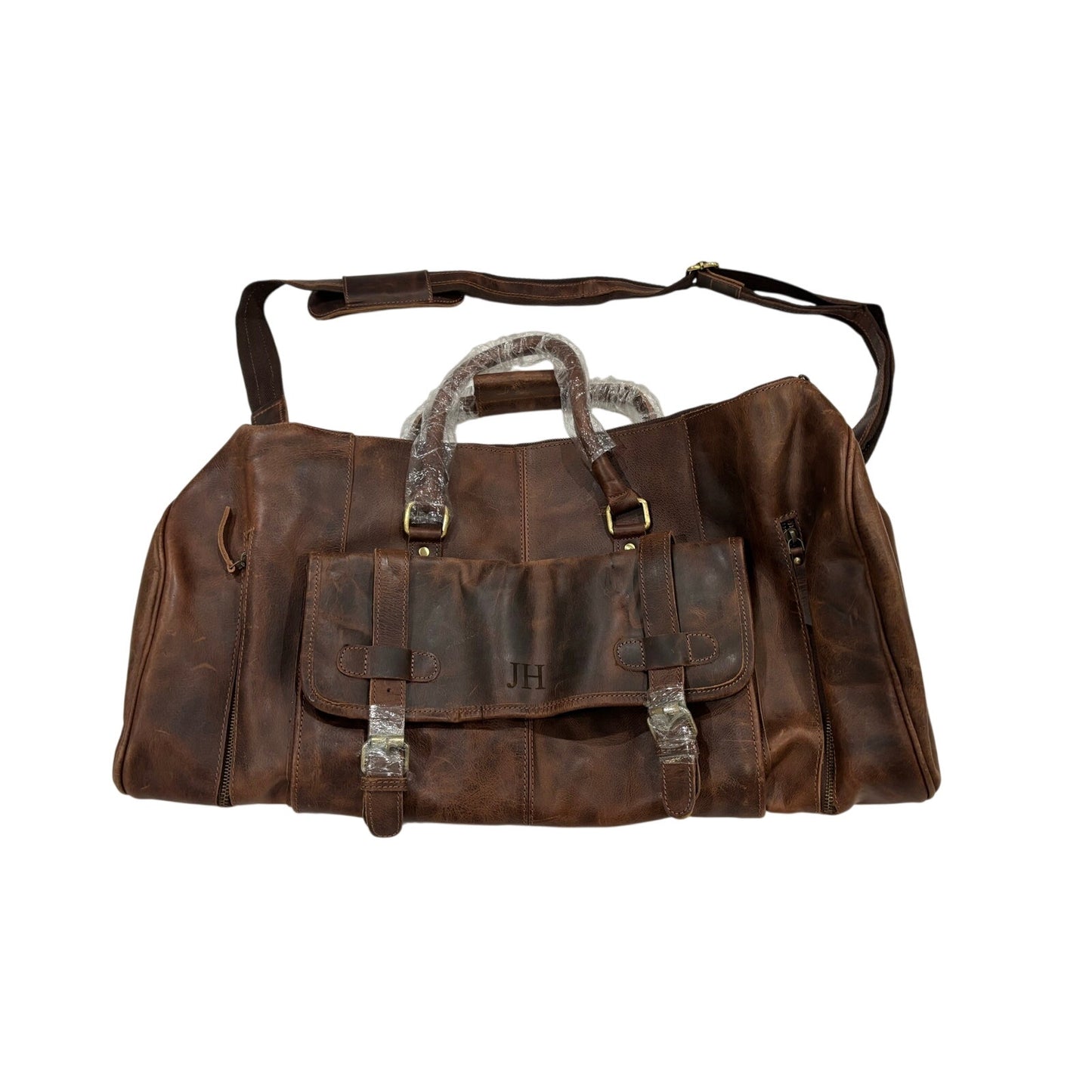 Distressed Leather Travel Weekender Duffle Bag 25” Monogram JH