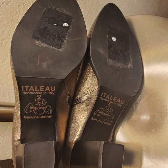 Italeau Marissa Women's Leather Waterproof Pointy Toe Bootie in Bronze SZ 40