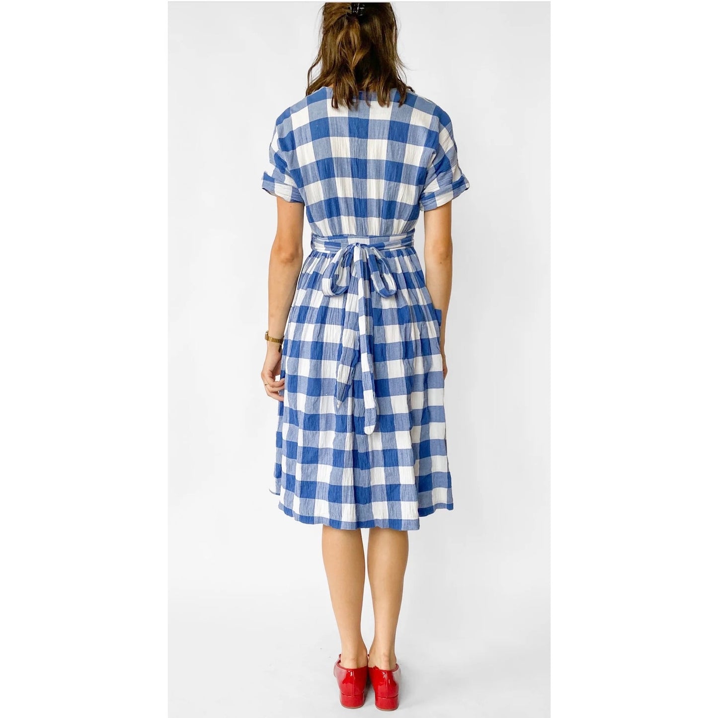 Mara Hoffman Blue White Gingham Wrap Midi Dress SZ Med