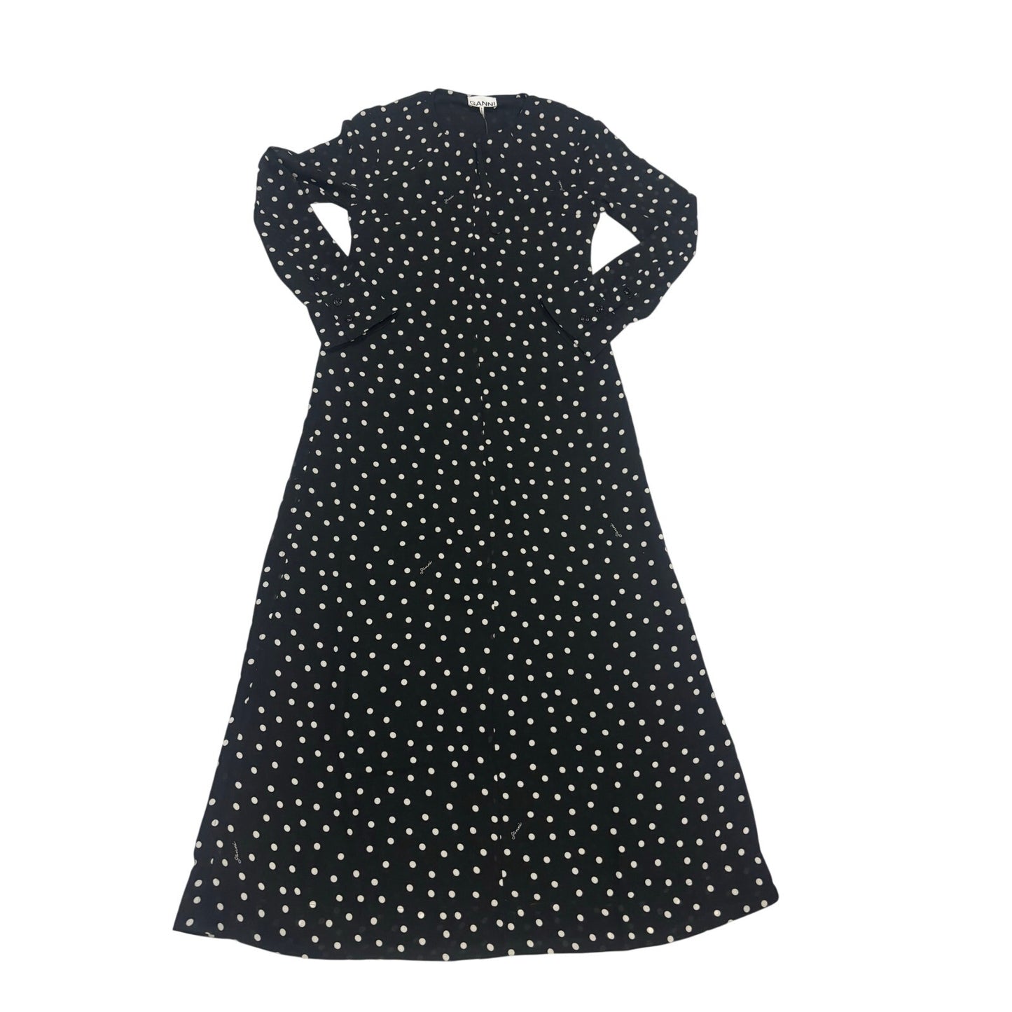 GANNI Black White Polka Dot Long Sleeve Midi Dress EU 34