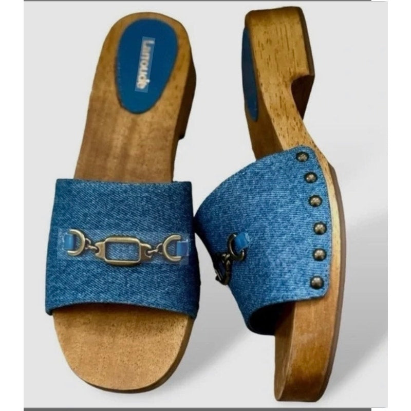 Larroudé Zuzi Slip-On Studded Denim Wooden Platform Mules Size 8