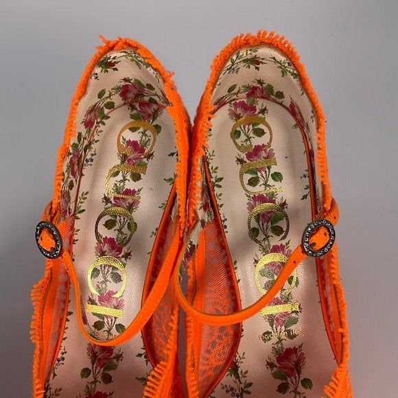Authentic Gucci Women's Virginia 95 Orange Cotton & Leather Lace Heels Size 37