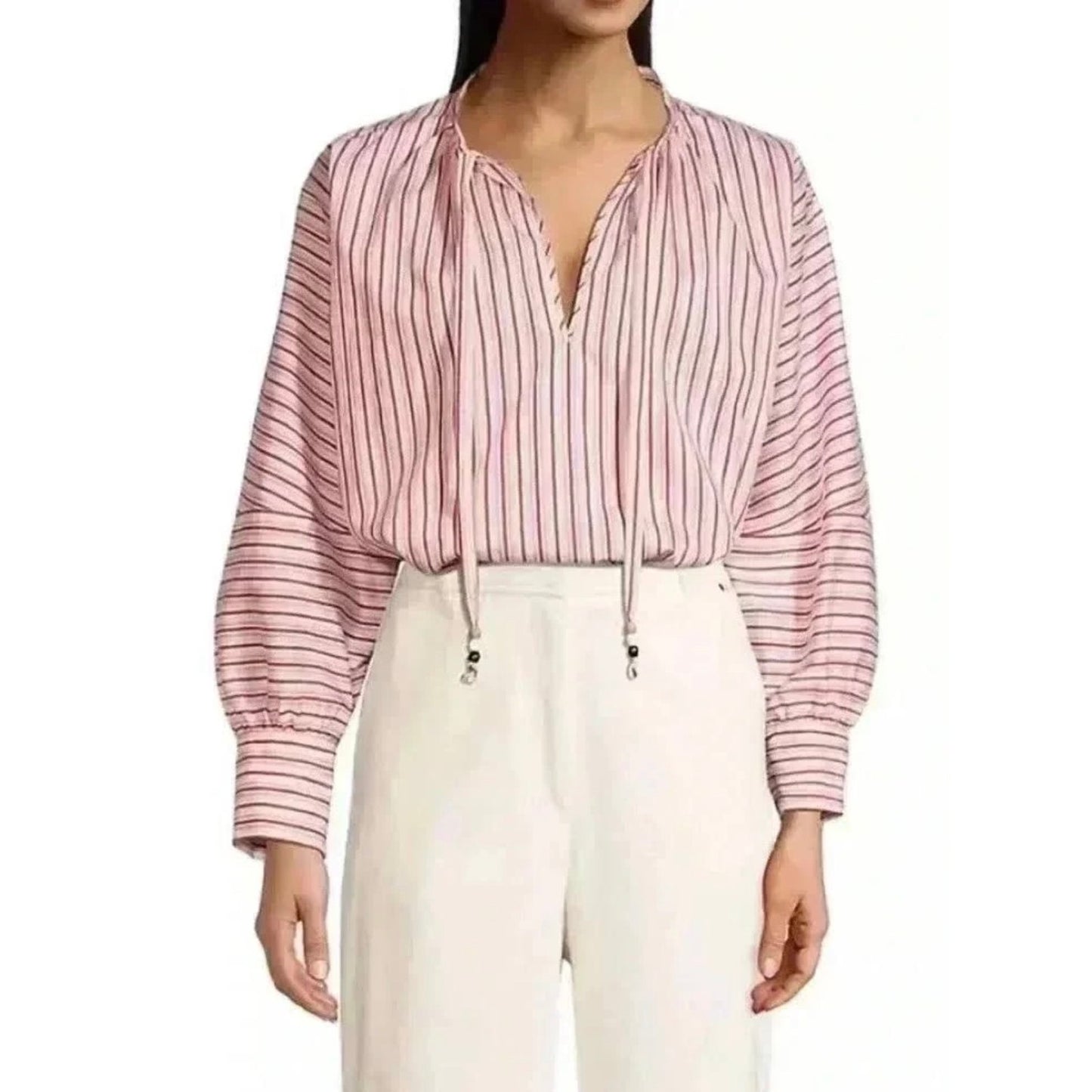 BOSS by Hugo Boss Bateco Striped Tie Neck Lyocell Blouse SZ 18