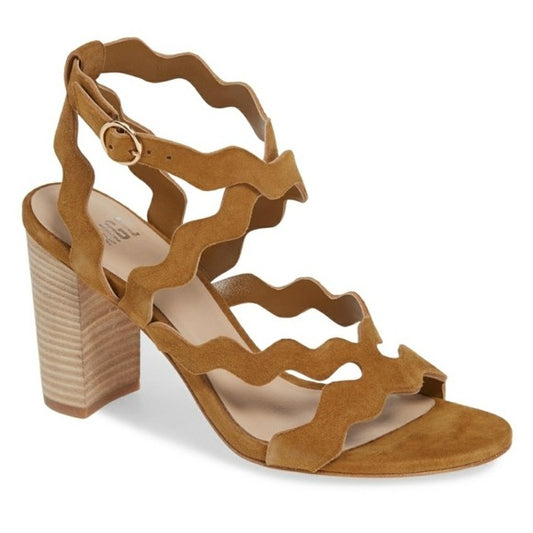 Paige Sage Scalloped Sandal Heels in Tan Suede SZ 10