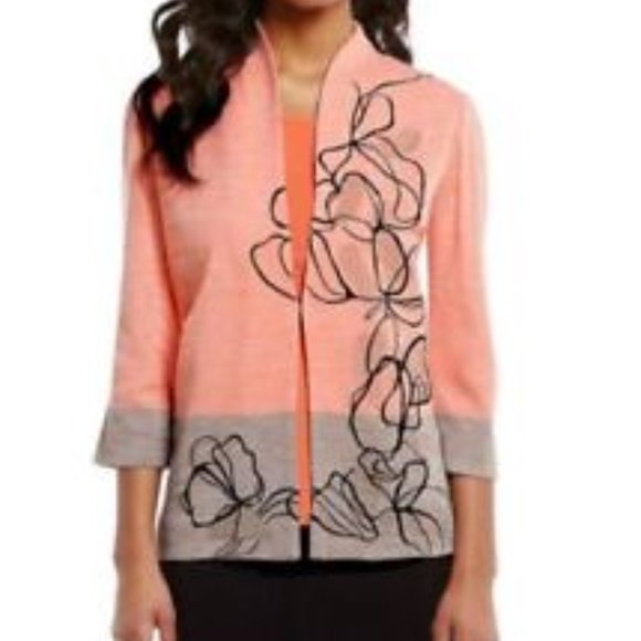 Misook Space Dye Orange & Gray Colorblock w/Floral Embroidery Cardigan SZ Large