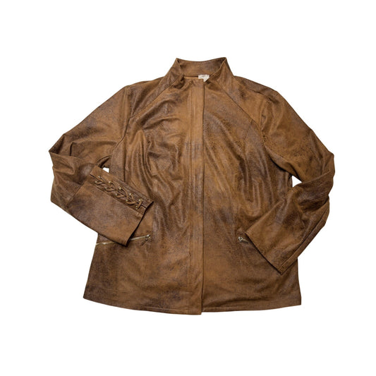 Chico’s Faux Suede Brown Zip-Front Jacket w/ Lace-Up Sleeve Detail SZ 2(Large)