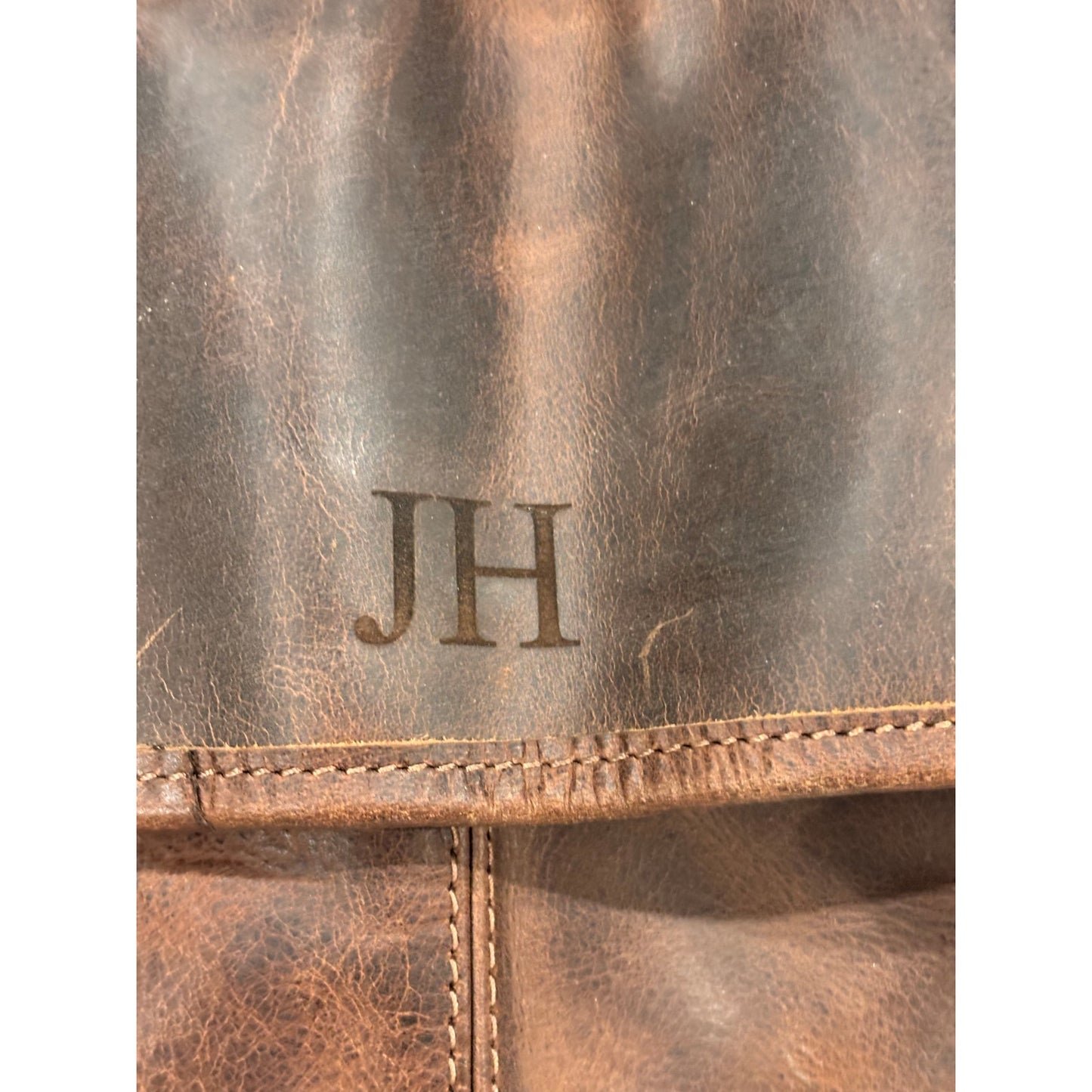 Distressed Leather Travel Weekender Duffle Bag 25” Monogram JH