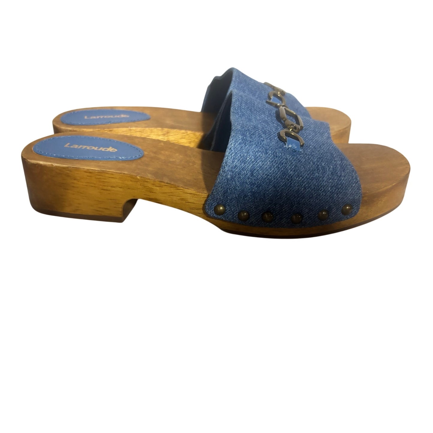 Larroudé Zuzi Slip-On Studded Denim Wooden Platform Mules Size 8