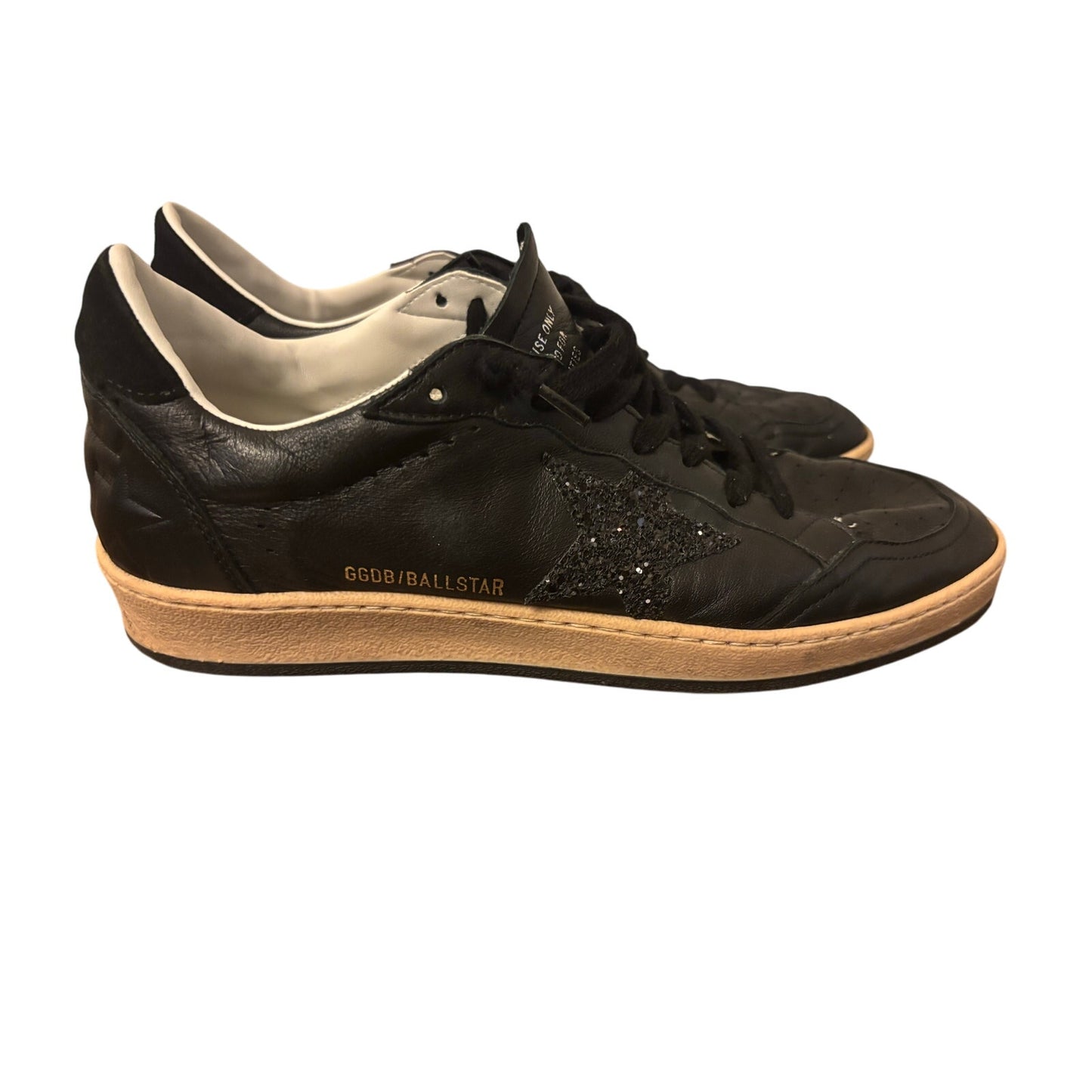 Golden Goose Ball Star Sneakers Black Leather w/ Black Glitter Star SZ 42
