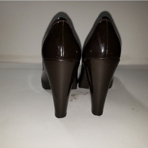 Linea Paolo Chocolate Patent Leather Peep Toe Women's Heels