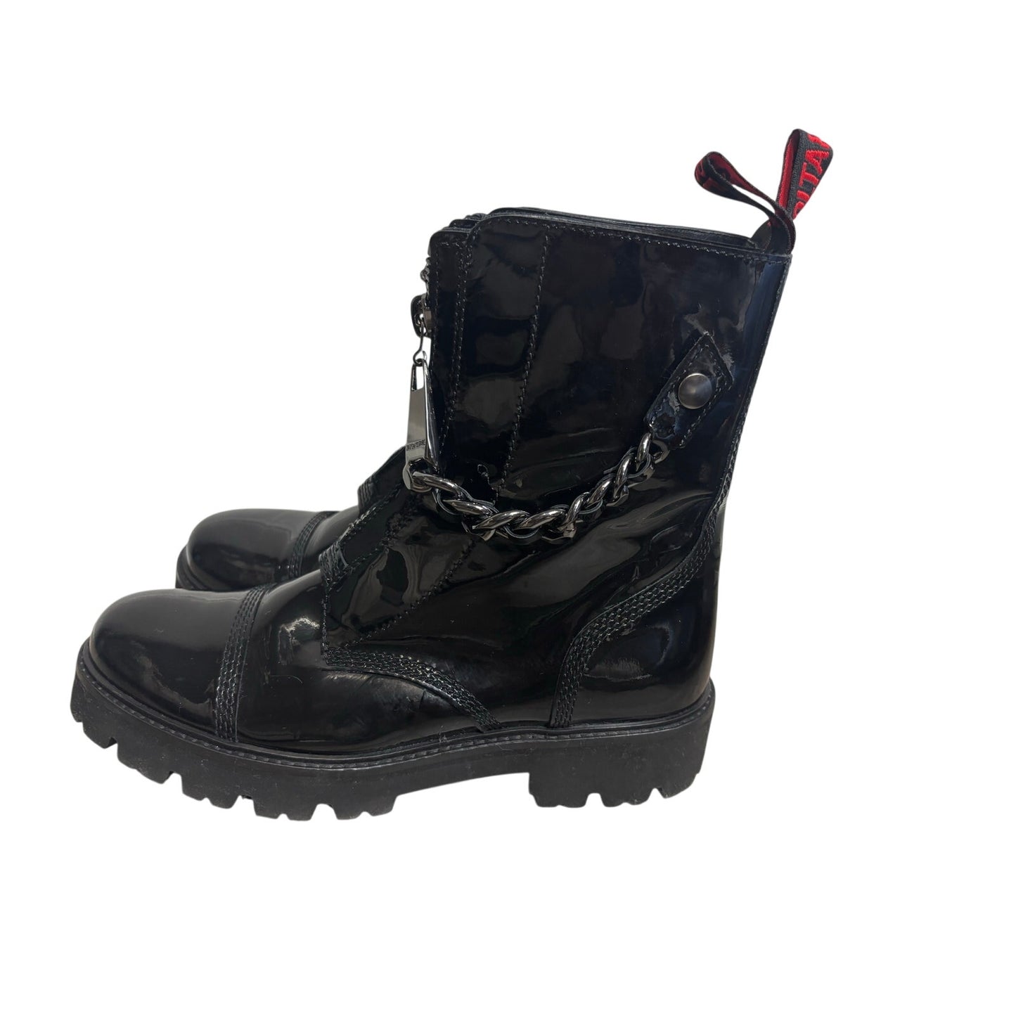 Voltaire Black Patent Leather Combat Boots w/ Zipper + Chain Detail SZ 40 EU / 9–9.5 US
