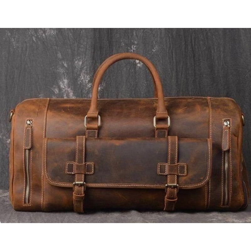 Distressed Leather Travel Weekender Duffle Bag 25” Monogram JH