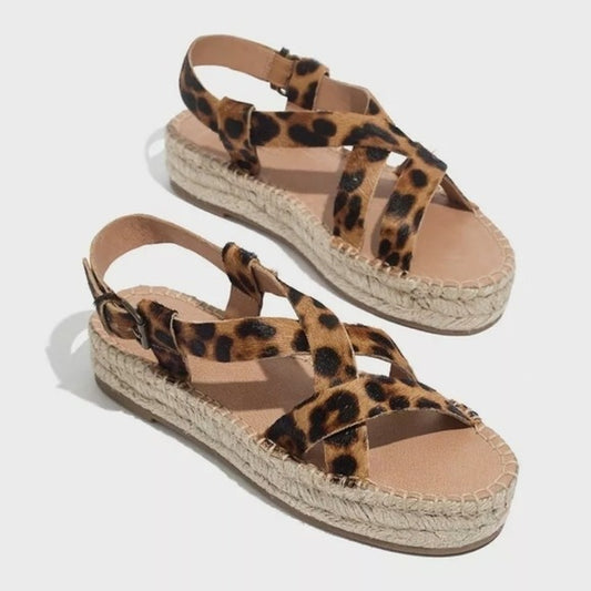 Madewell The Malia Espadrille Sandal in Leopard Calf Hair SZ 9