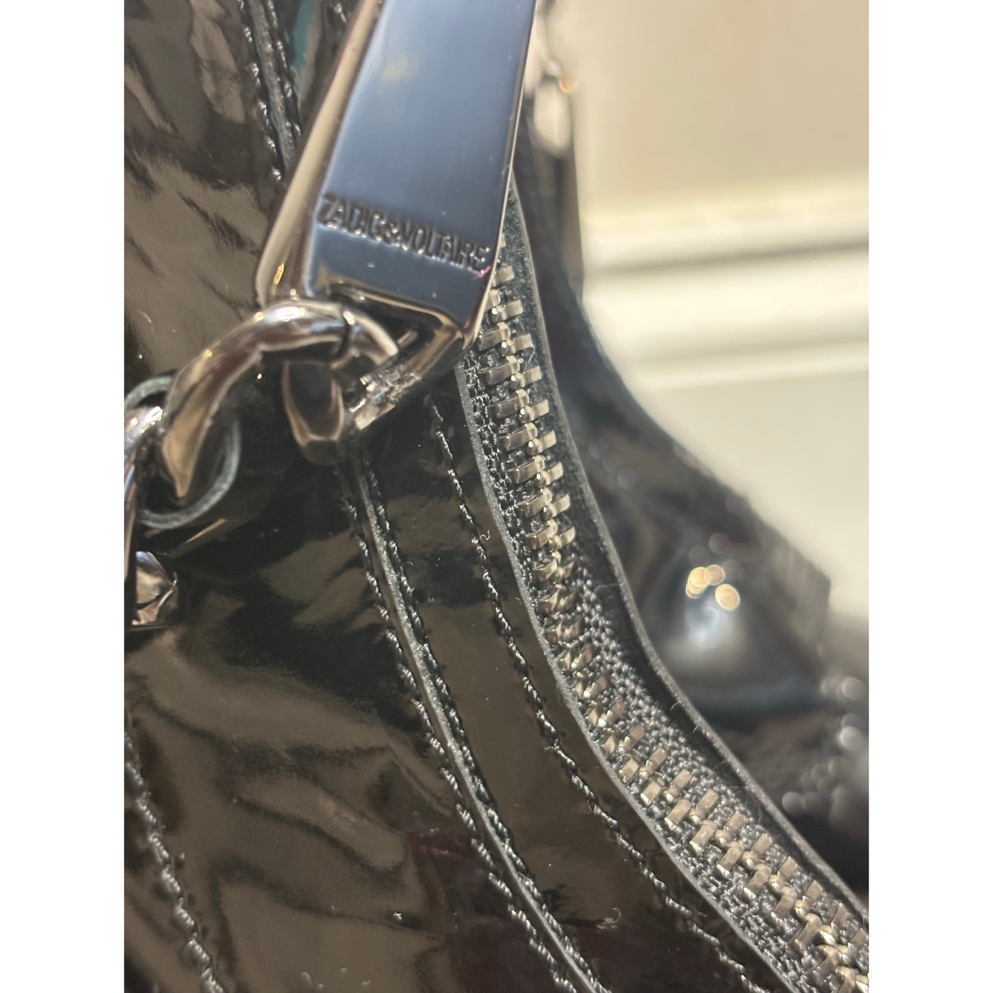 Voltaire Black Patent Leather Combat Boots w/ Zipper + Chain Detail SZ 40 EU / 9–9.5 US