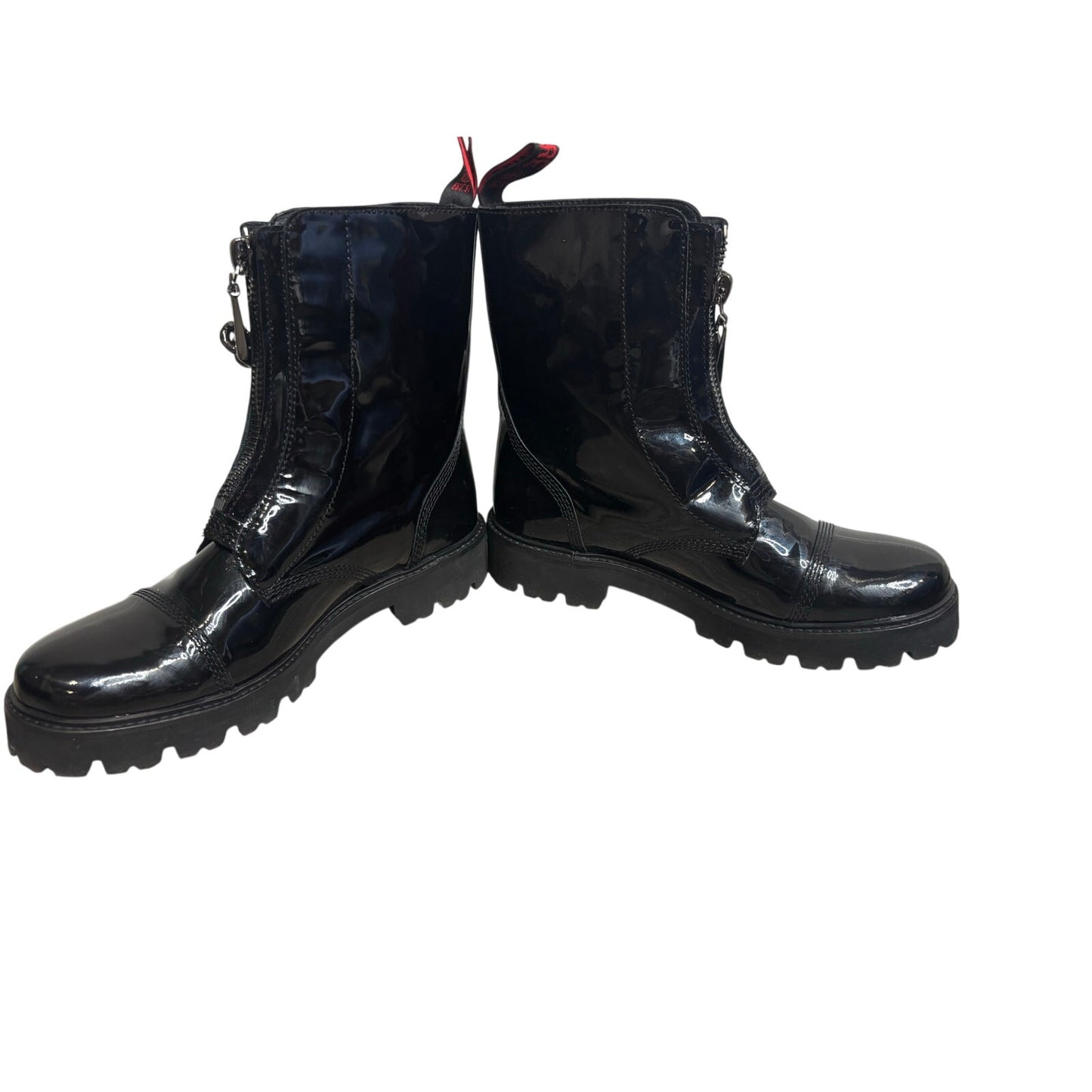 Voltaire Black Patent Leather Combat Boots w/ Zipper + Chain Detail SZ 40 EU / 9–9.5 US