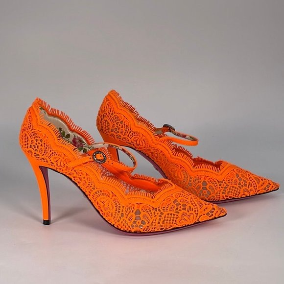 Authentic Gucci Women's Virginia 95 Orange Cotton & Leather Lace Heels Size 37
