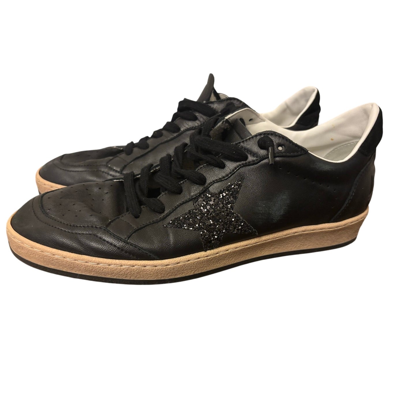 Golden Goose Ball Star Sneakers Black Leather w/ Black Glitter Star SZ 42