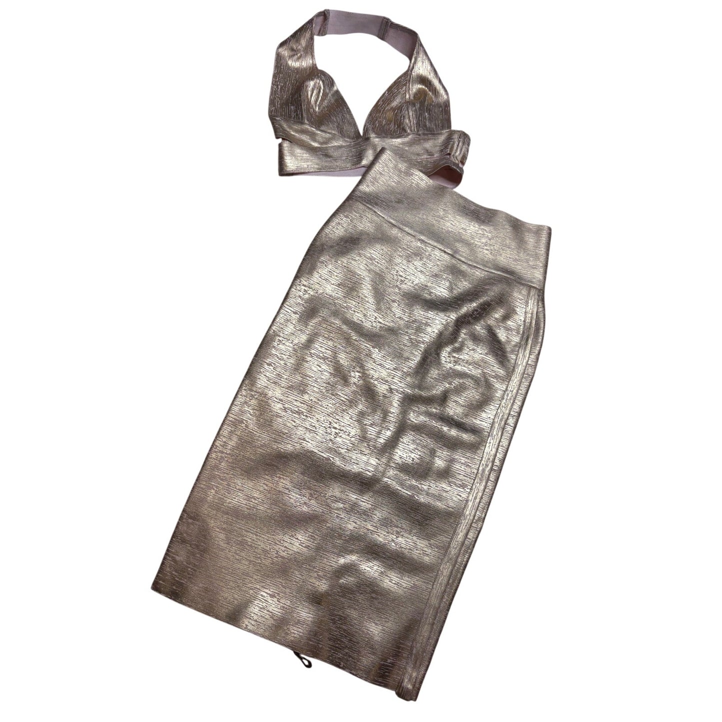 Athina Metallic Gold Two-Piece Halter Top & Midi Skirt Set SZ L