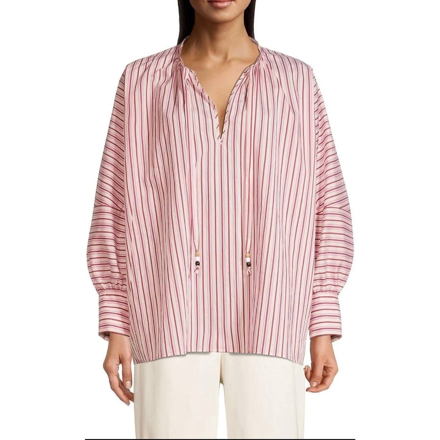 BOSS by Hugo Boss Bateco Striped Tie Neck Lyocell Blouse SZ 18